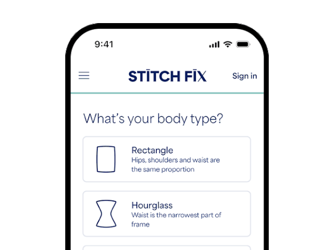 Stitch Fix app showing our style quiz. Text reads: What’s your body type?