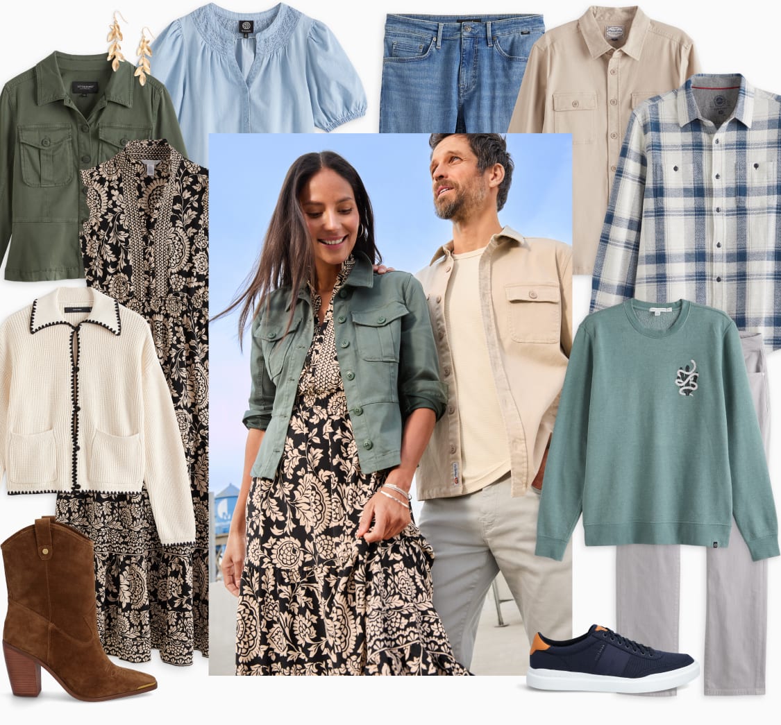 Models wearing Stitch Fix clothes including women’s green jacket, women’s maxi dress, men’s shacket and slacks.