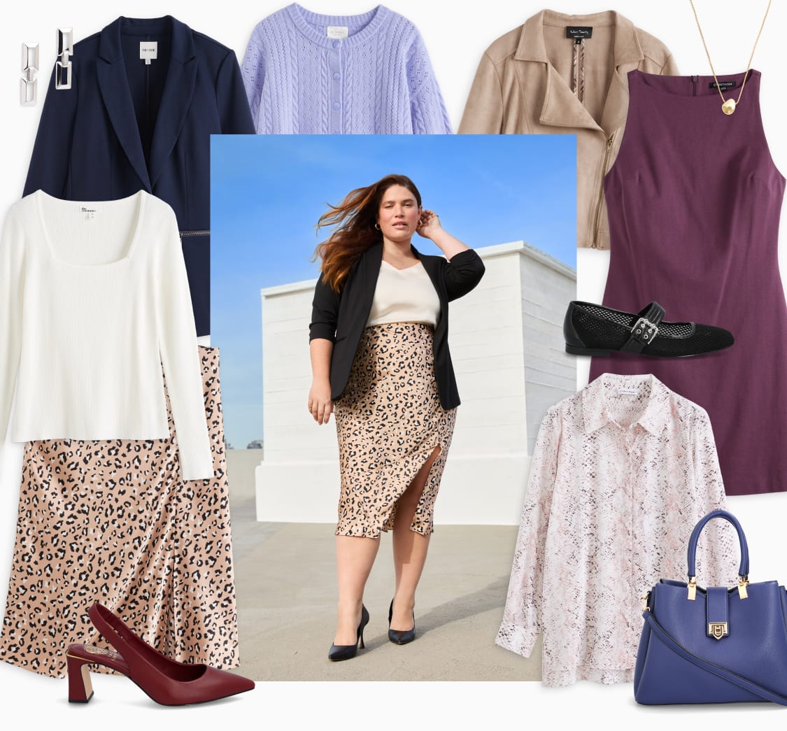 Model wearing Stitch Fix women’s clothes including slip skirt, black heels, black blazer, white blouse.