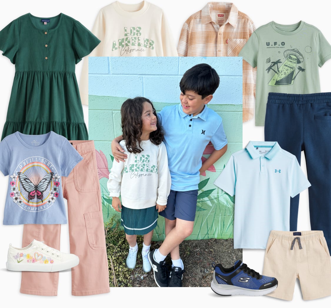Models wearing Stitch Fix kids clothes including blue collared shirt, navy shorts, jean skirt and sneakers.