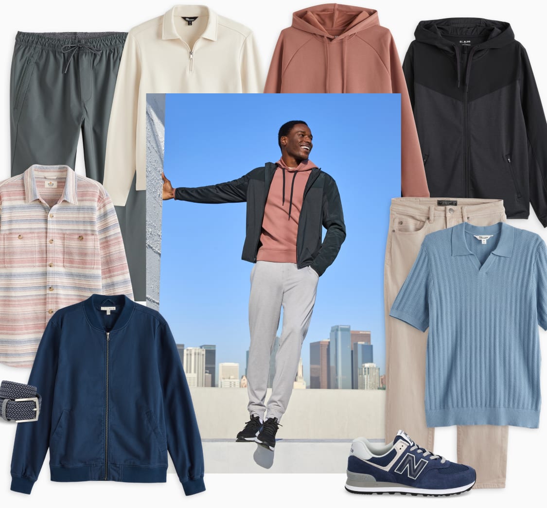Model wearing Stitch Fix men’s clothes including rust brown hoodie, black jacket, beige pants and sneakers.