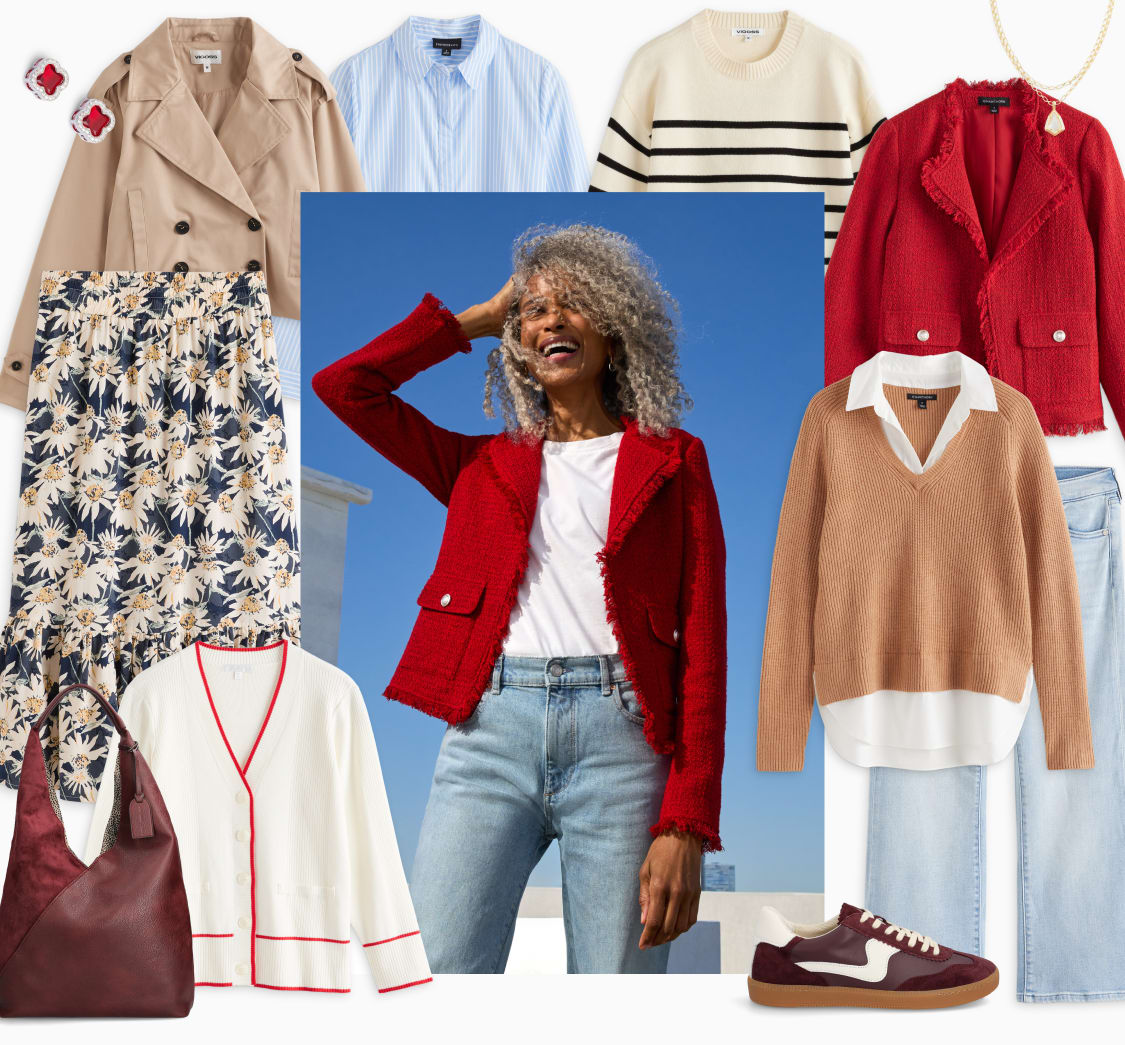 Model wearing Stitch Fix women’s clothes including red lady jacket, white blouse and jeans.