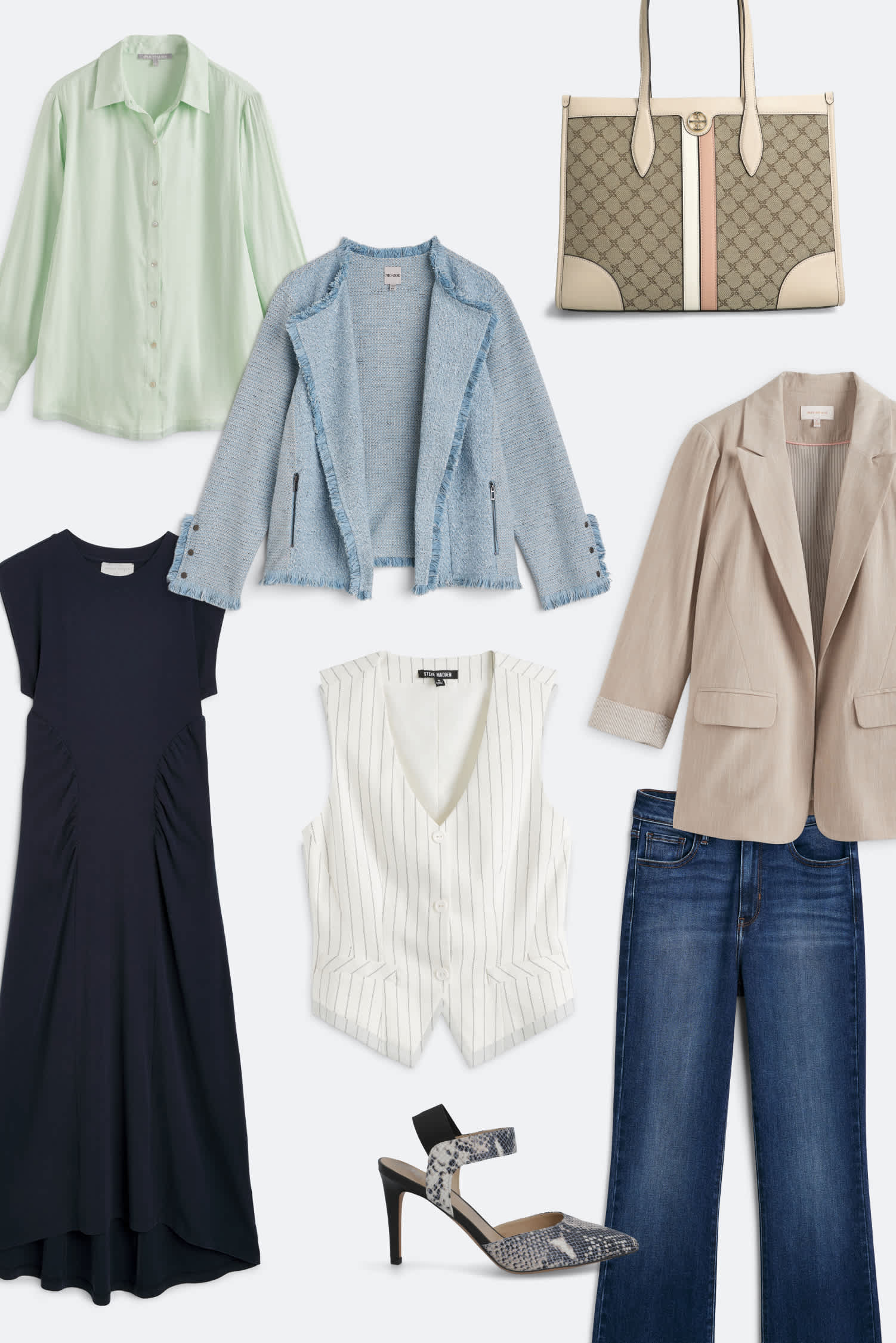 Stitch Fix clothes hanging on a rack and folded on top including jackets, sandals, mules, purses, dresses and jeans.