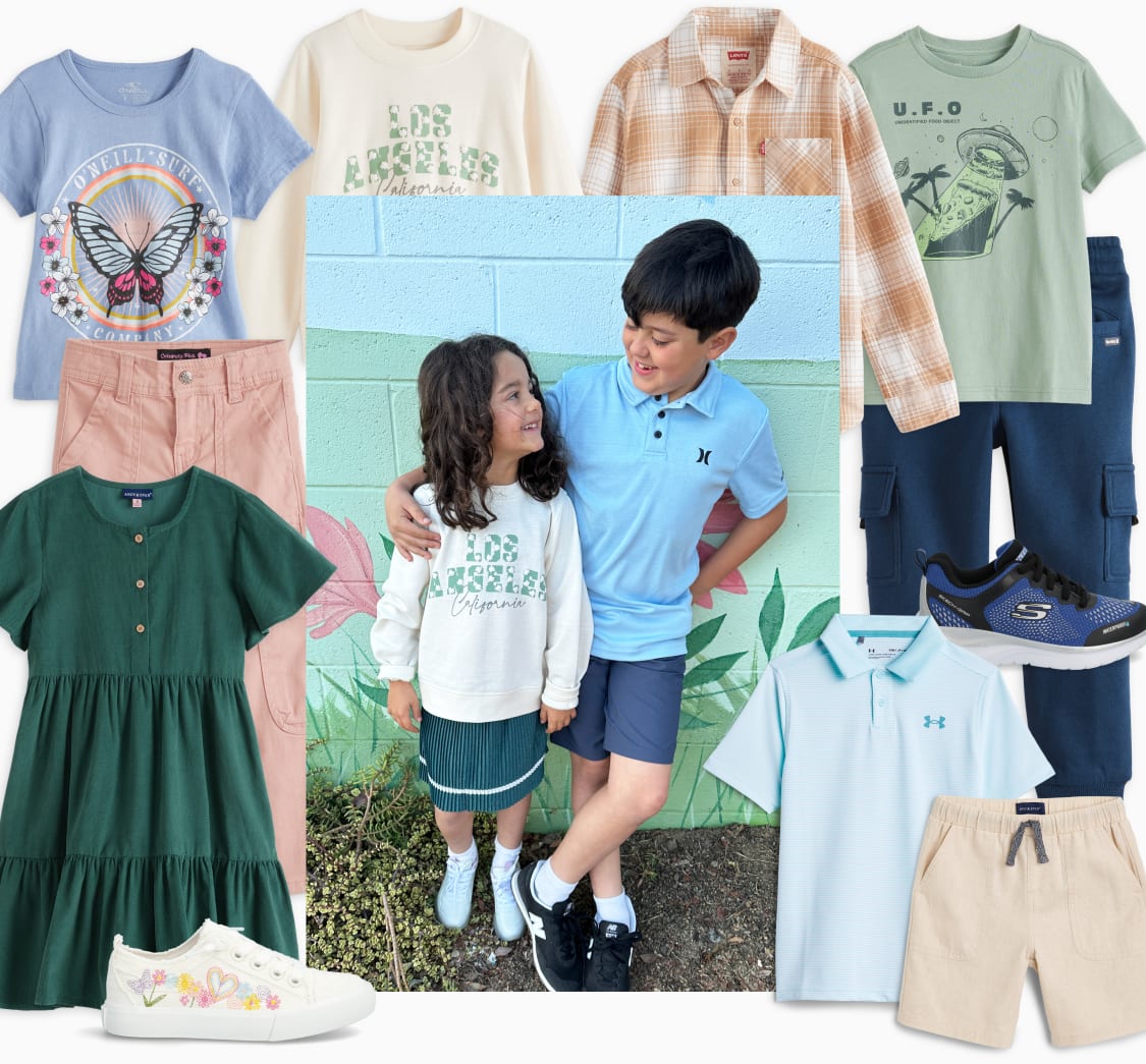 Models wearing Stitch Fix kids clothes including blue collared shirt, navy shorts, jean skirt and sneakers.