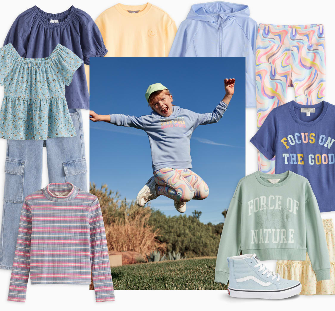 Model wearing Stitch Fix kids clothes including blue hoodie, hat, pattern leggings and sneakers.