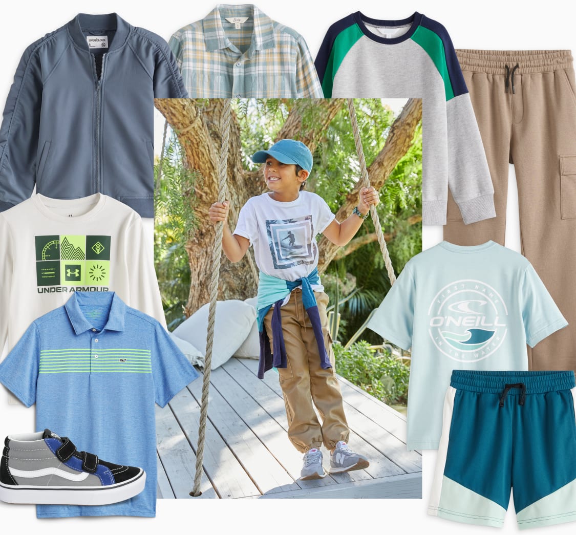 Model wearing Stitch Fix kids clothes including graphic tee, hat and cargo pants.