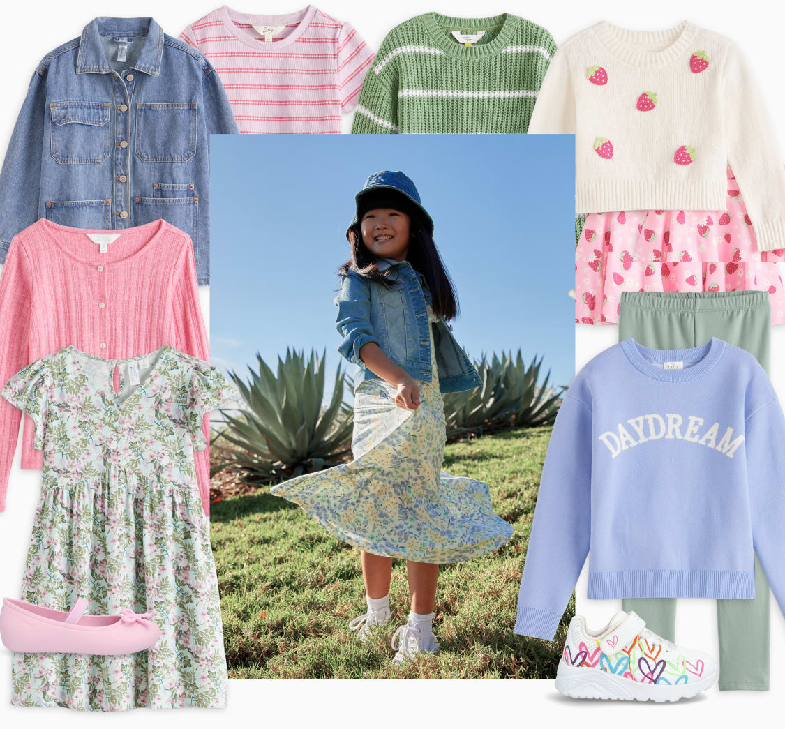 Model wearing Stitch Fix kids clothes including a jean jacket, bucket hat and floral dress.