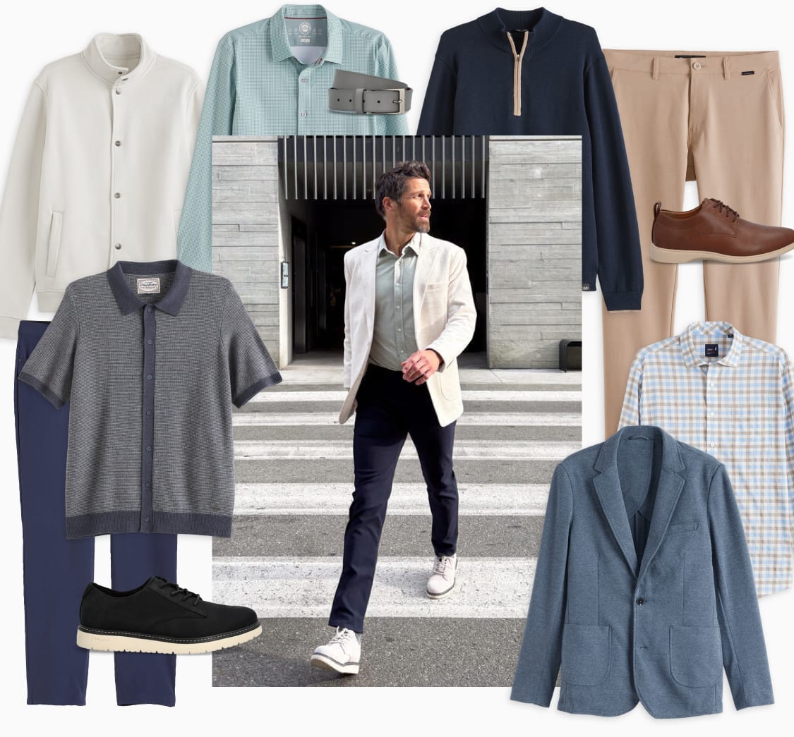 Model wearing Stitch Fix men’s clothes including white blazer, mint button-up, blue pants and white sneakers.