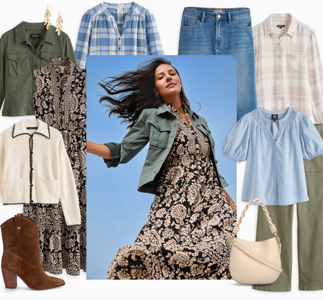 Model wearing Stitch Fix women’s clothes including green jacket, women’s dress and cream purse.