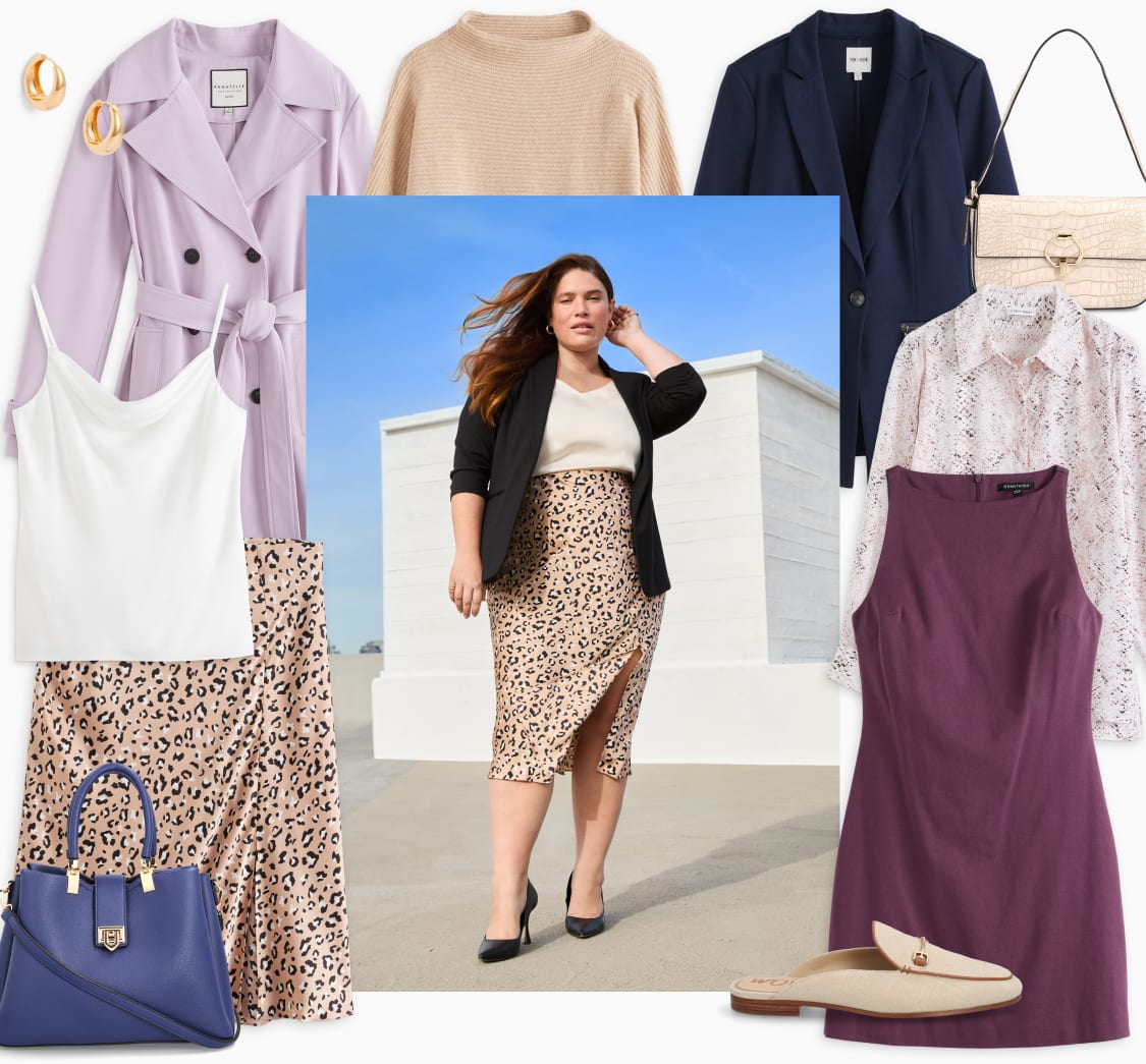 Model wearing Stitch Fix women’s clothes including leopard slip skirt, black heels, black blazer and white blouse.