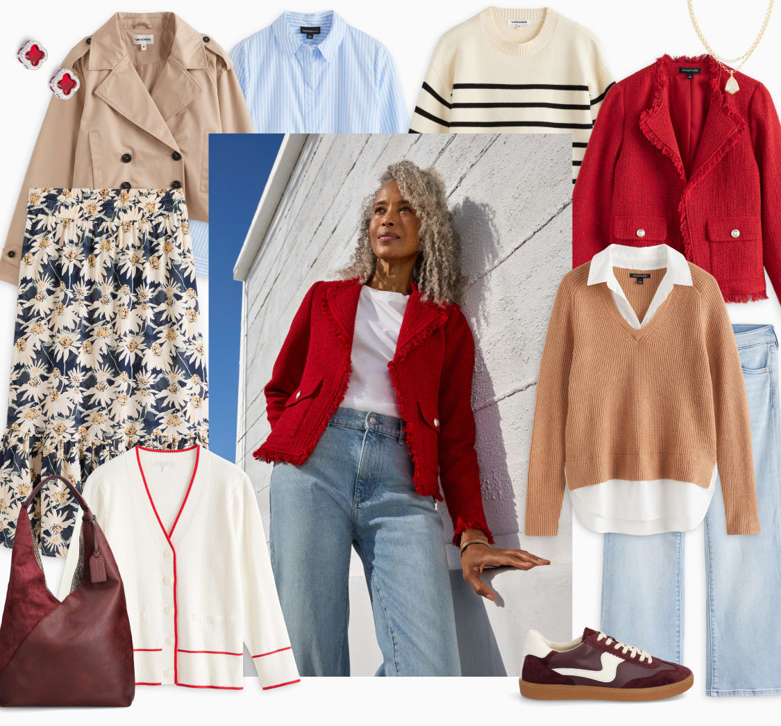 Model wearing Stitch Fix women’s clothes including red lady jacket, white blouse and jeans.