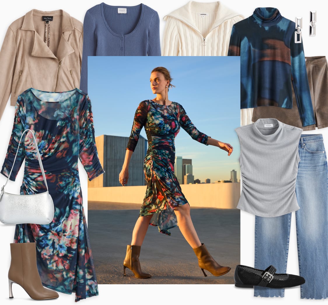 Model wearing Stitch Fix women’s clothes including multicolor mesh dress and brown booties.