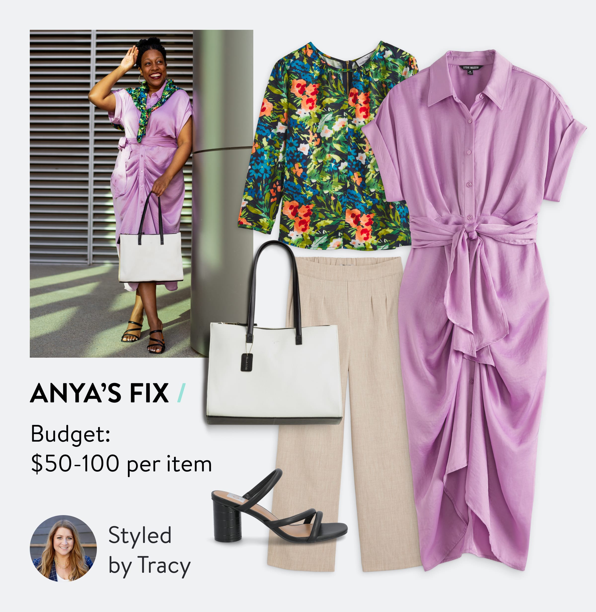 Anya’s Fix. Budget $50-100 per item. Styled by Tracy. Woman wearing Stitch Fix purple dress, selection of Stitch Fix outfit with purple midi dress, floral top, khaki pants, black leather heeled sandals and white shoulder bag, Stitch Fix Stylist wearing blue jacket and white shirt