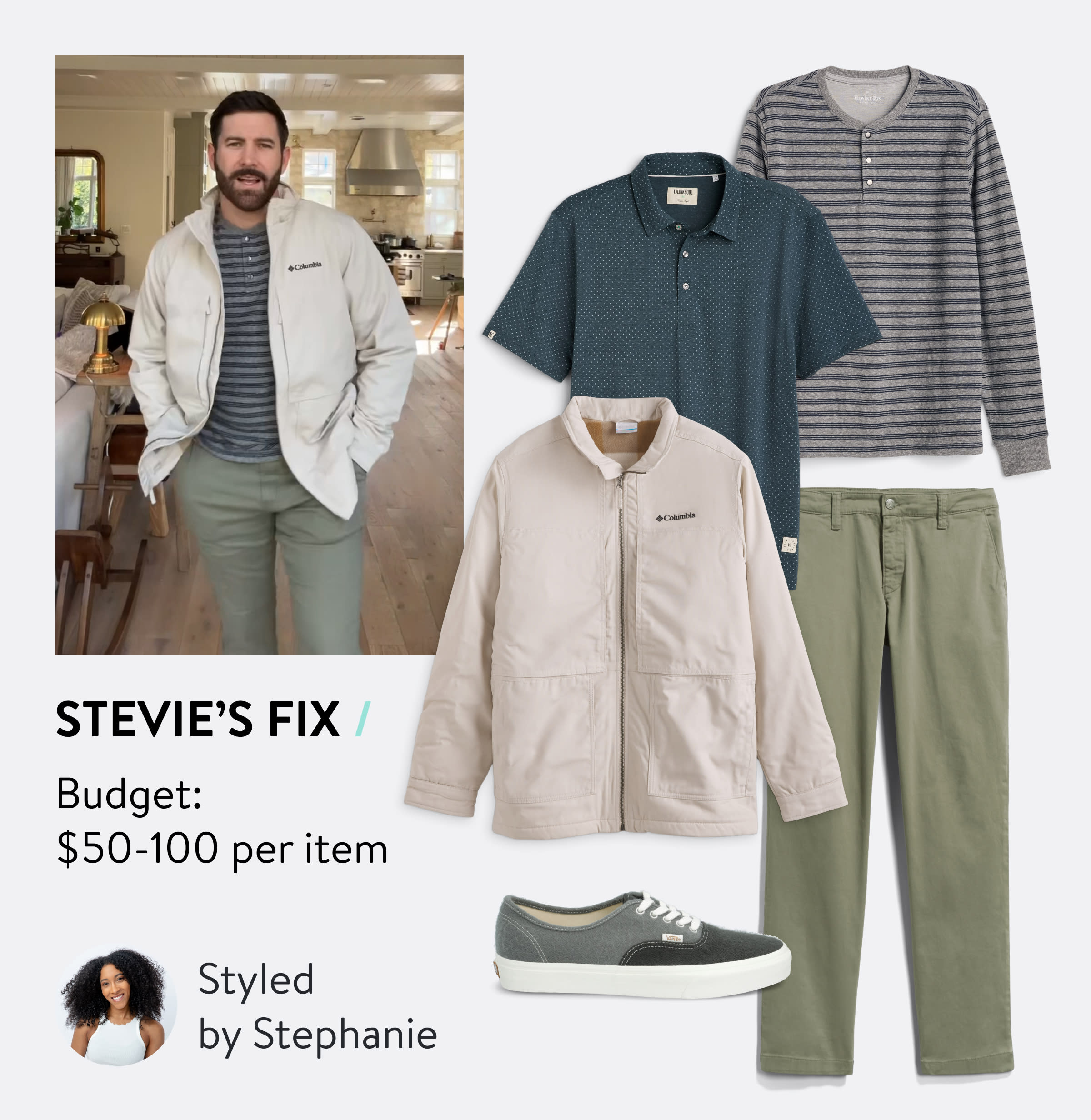 Stevie’s Fix. Budget: $50-100 per item. Styled by Stephanie. Man wearing striped henley shirt, khaki jacket and chinos, selection of Stitch Fix outfit with polo shirt and Vans sneakers, Stitch Fix Stylist wearing white tank top