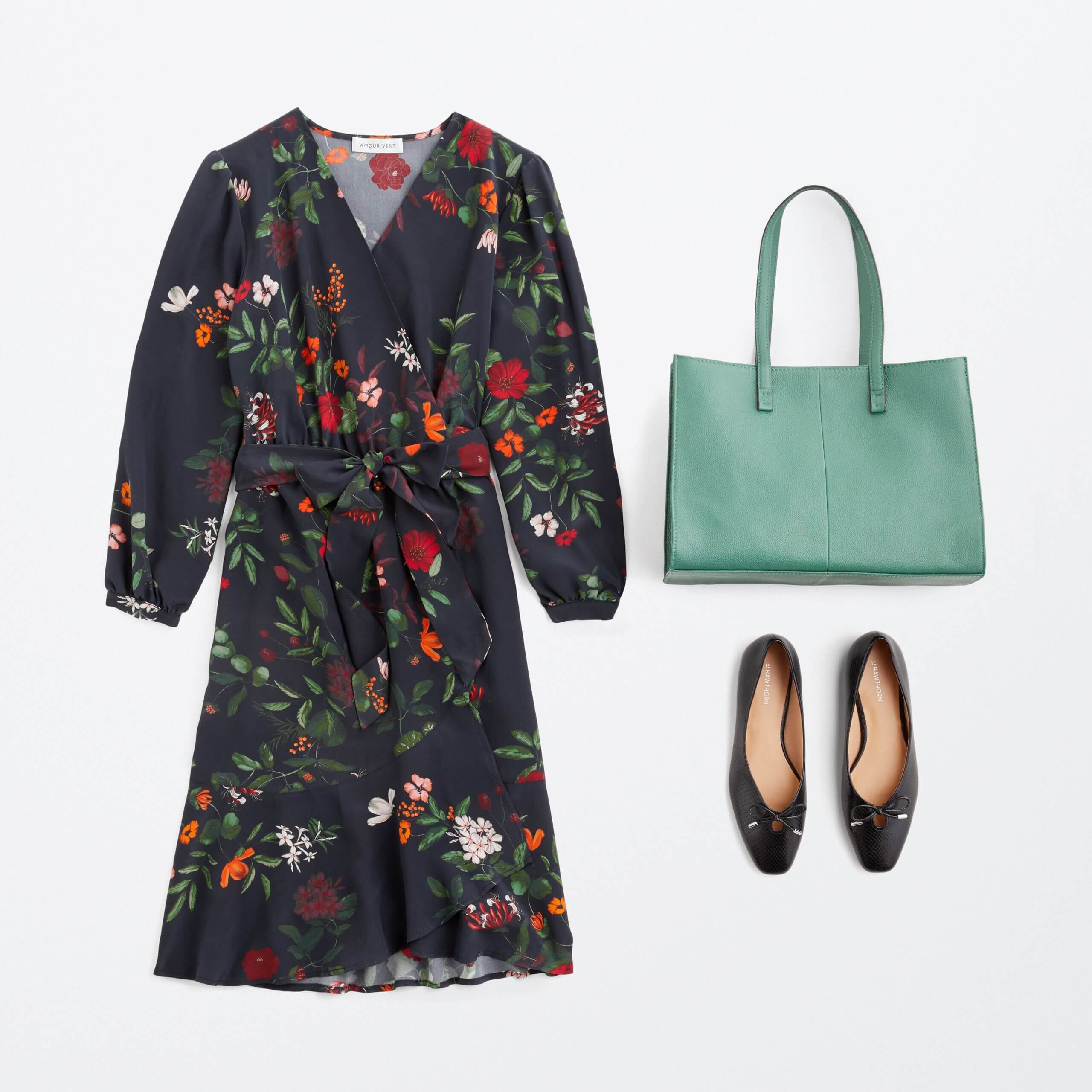 Stitch Fix women's outfit laydown featuring black floral wrap dress, black flats and mint tote bag.