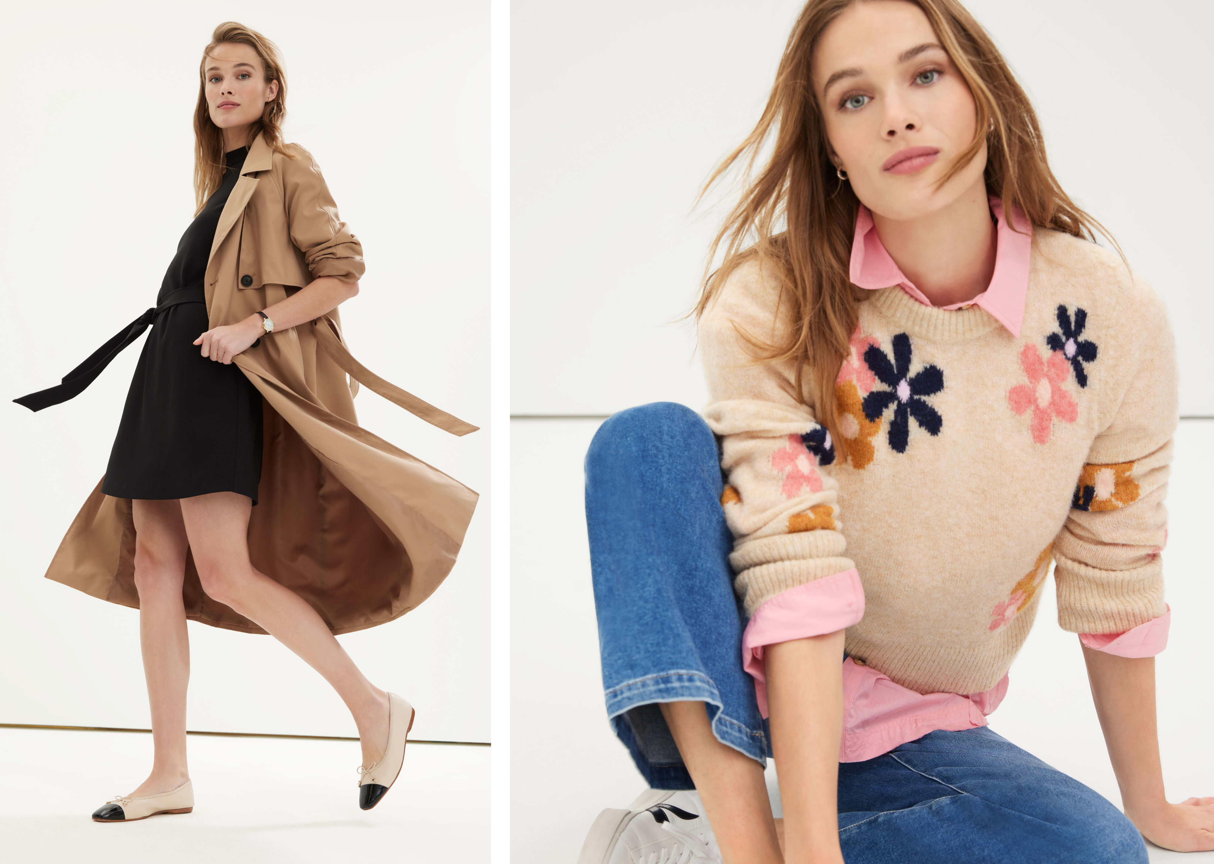 Petite woman wearing a trench coat and black dress. Woman wearing a floral top and petite jeans sits on the floor.