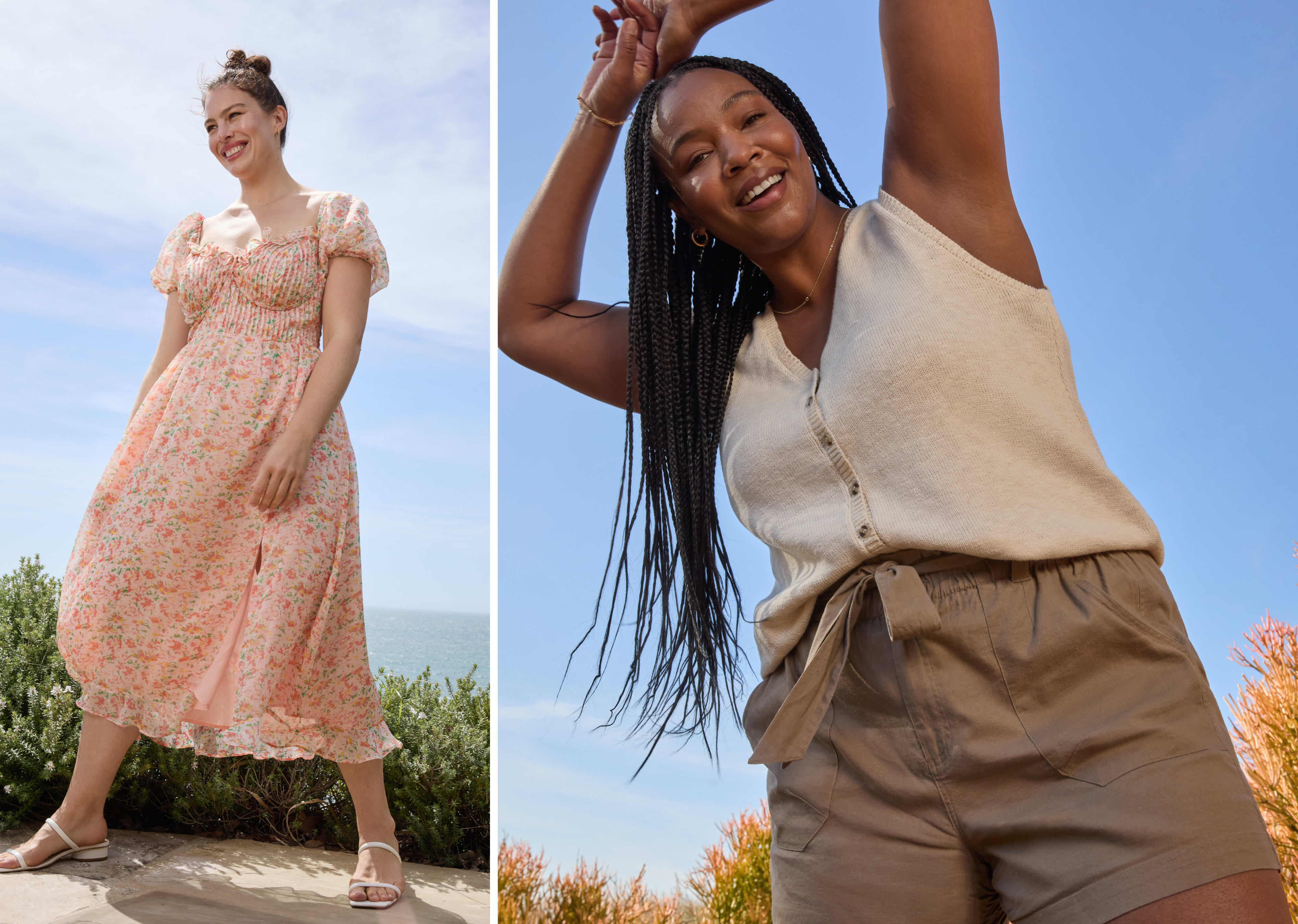 Left model wearing women’s Stitch Fix clothing, including a pink dress and sandals. Right model wearing women’s Stitch Fix clothing, including beige tank sweater and brown shorts.