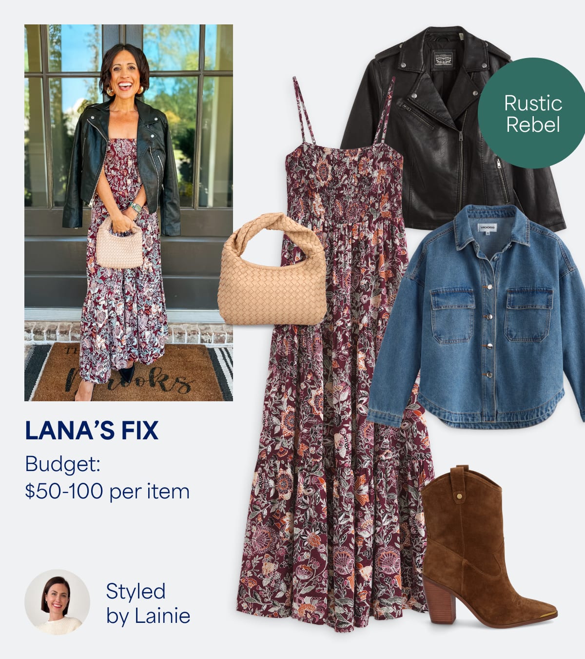 Lana's Fix: Women’s Stitch Fix clothing including maxi paisley dress, jean jacket, leather moto, Western boots. Rustic Rebel. Styled by Lainie. 