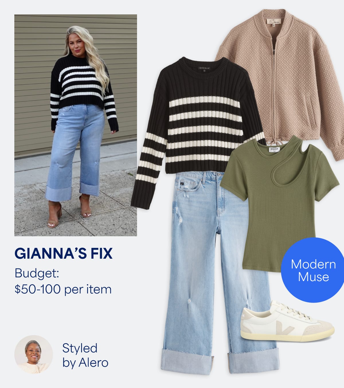 Gianna's Fix: Women’s Stitch Fix clothing including striped black and white sweater, tan bomber, green tee, white sneakers. Modern Muse. Styled by Alero. 