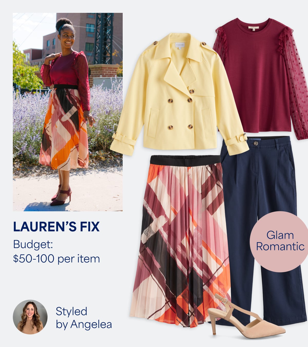 Lauren's Fix: Women’s Stitch Fix clothing including yellow cropped trench, red blouse, pleated pattern skirt, tan slingback heels. Glam Romantic. Styled by Angelea. 