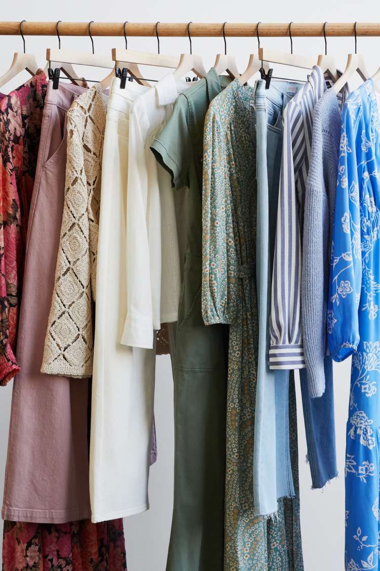 Women wearing Stitch Fix clothing including black maxi, green sweater, wide-leg jeans, red heels and patterned skirt.