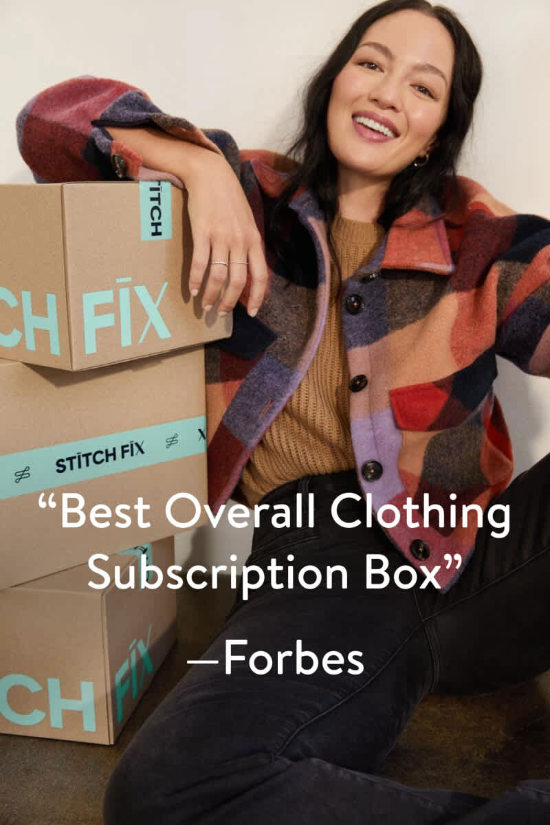 “Best Overall Clothing Subscription Box.” – Forbes. Model wearing Stitch Fix clothing including cream sweater and leopard print skirt, carrying a Stitch Fix box. 