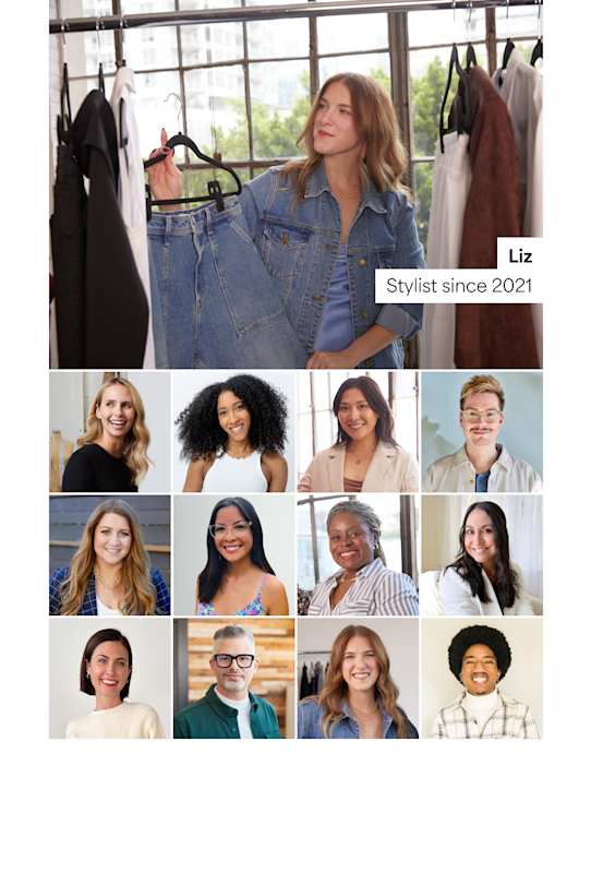 Woman wearing Stitch Fix clothes: jean jacket and striped shirt, holding jeans on a hanger. Various Stitch Fix Stylists headshot photos.