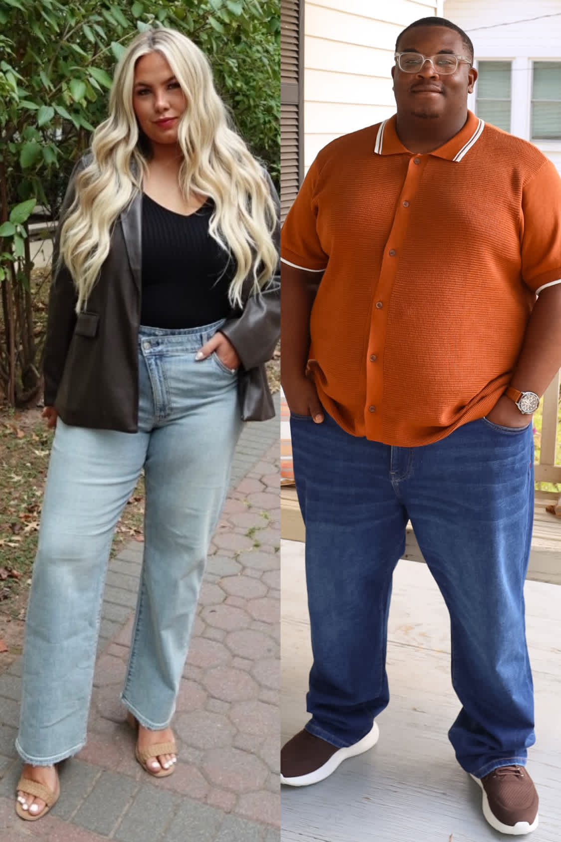 People wearing Stitch Fix clothing including rust orange polo, gray blazer, orange skirt and flannel shirt.