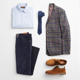 Men’s athleisure clothing including a dress shirt, grey plaid blazer, dark pants, a tie and brown shoes.