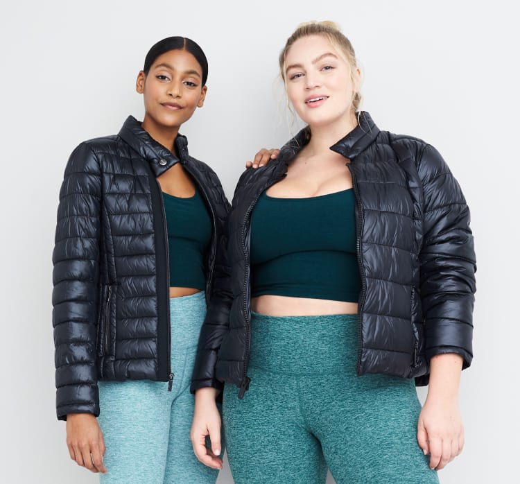 Teal activewear outfits including workout leggings, crop tops and navy puffer jackets.