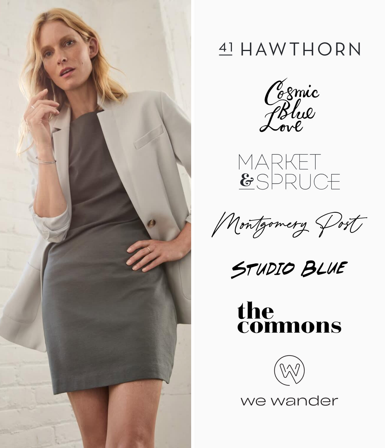 Model wearing Stitch Fix women’s clothing including gray blazer and slate shift dress.