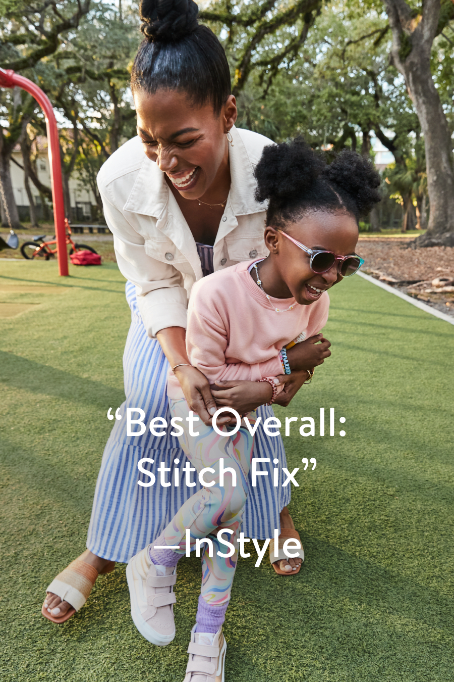 “Best Overall: Stitch Fix” – InStyle. Models wearing Stitch Fix clothing including women’s blue dress, white jean jacket; kids leggings and shoes.