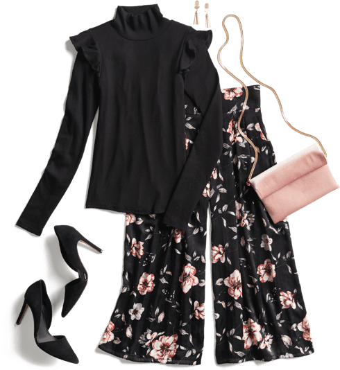 A chic Stitch Fix outfit featuring a black long-sleeved ruffled turtleneck, black wide-leg floral pants, black high-heeled pumps, and a blush pink clutch purse.
