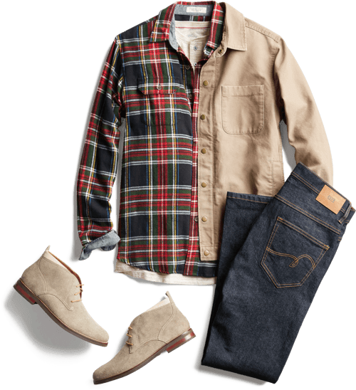 A Stitch Fix men's casual outfit with a plaid shirt, a beige jacket, a white undershirt, dark blue denim jeans, and beige suede chukka boots.