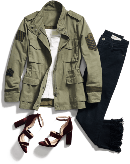 A casual Stitch Fix outfit consisting of an olive green military-style jacket with patches on the sleeves, a white inner top, dark denim jeans with frayed hems, and burgundy strappy high-heeled shoes.